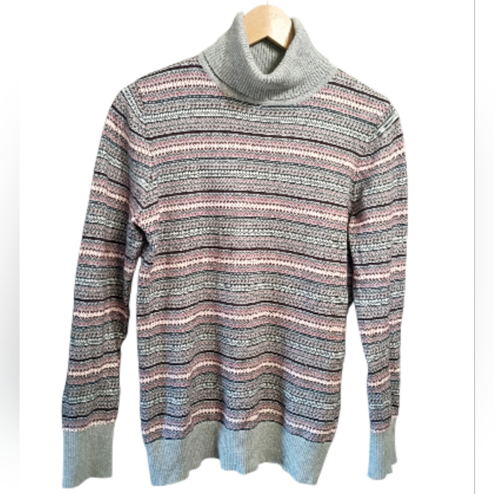 L.L. Bean Sweater Women Multi Stripe M Cashmere Long Sleeve Turtle Neck Pullover